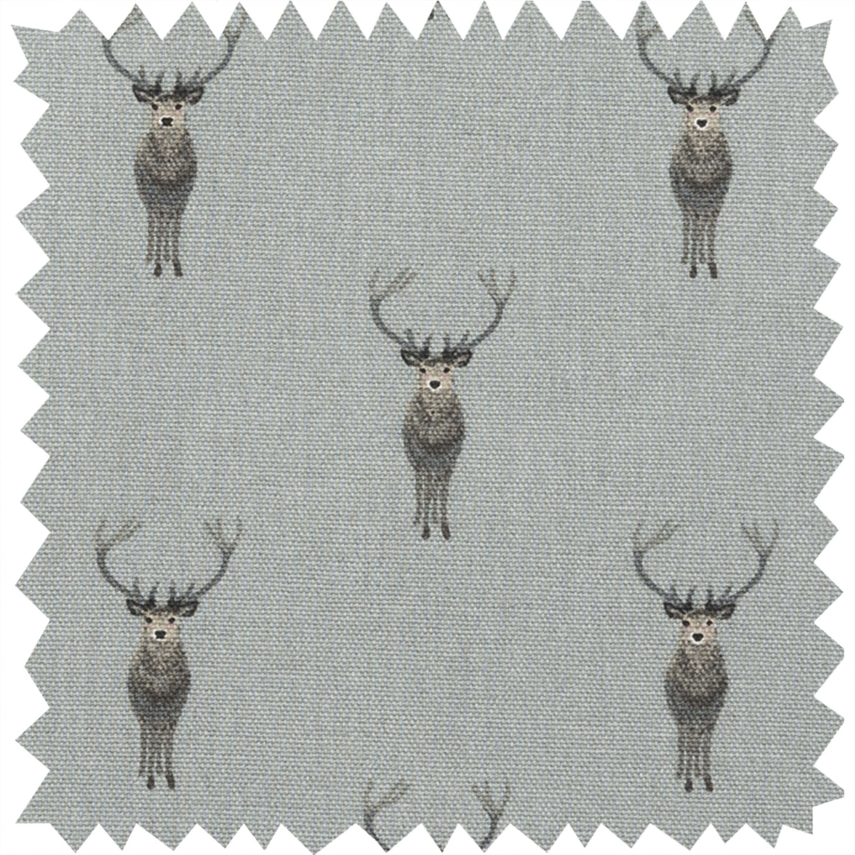 A square fabric swatch with zigzag-cut edges, featuring a repeating pattern of grey and brown deer on a light grey background.