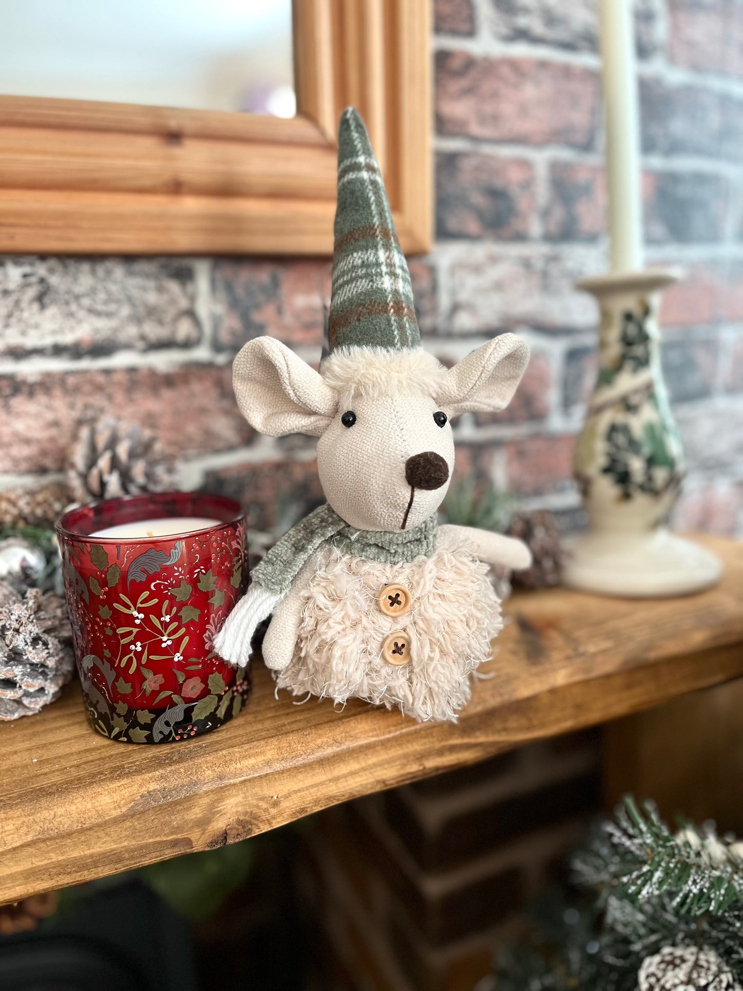 Fabric Mouse Shelf Sitter With Green Tartan Hat