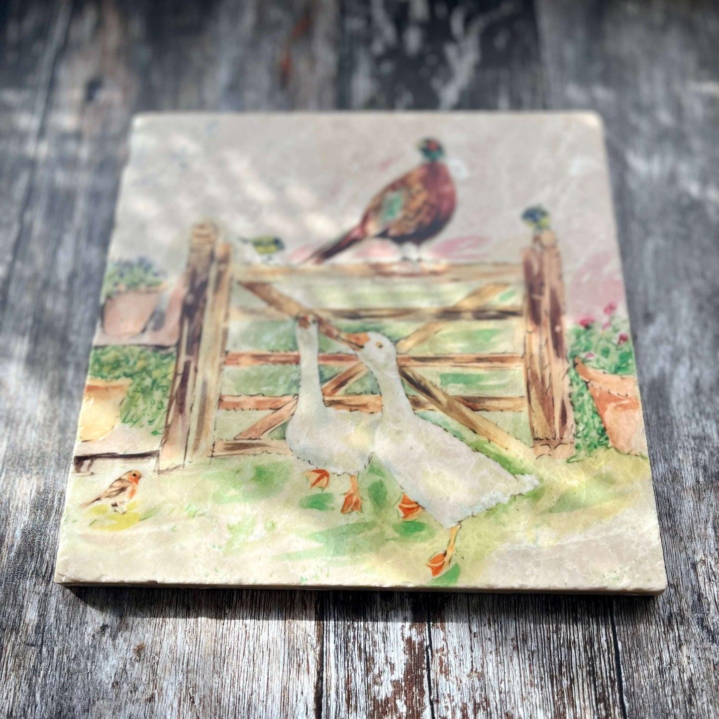 Square Marble Trivet – Watercolour Pheasant & Geese Bird Design | Elegant Kitchen Decor