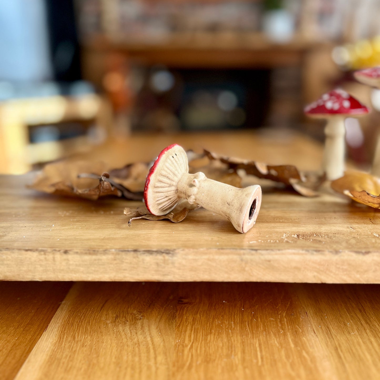Small ornament of a mushroom on its side on a wooden surface with a blurred background