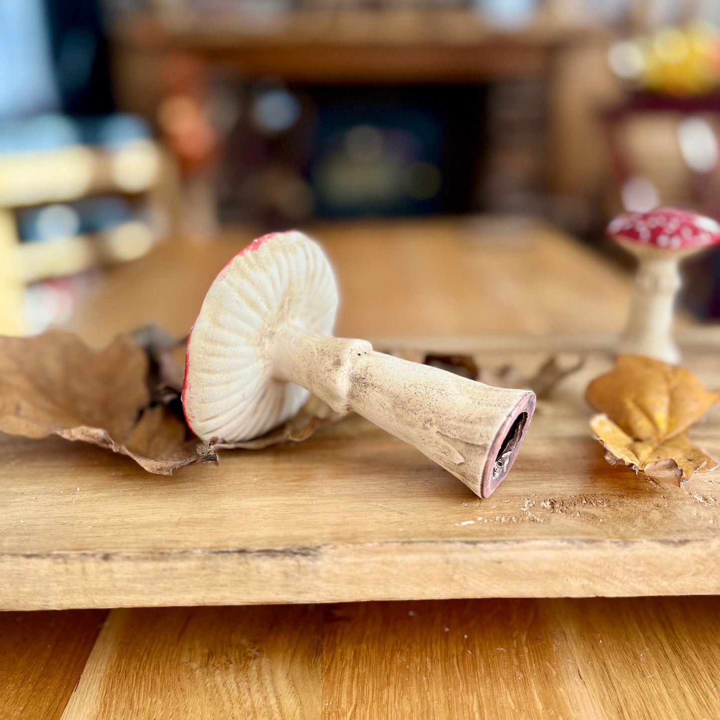 Decorative mushroom on its side on a wooden surface with a blurred background