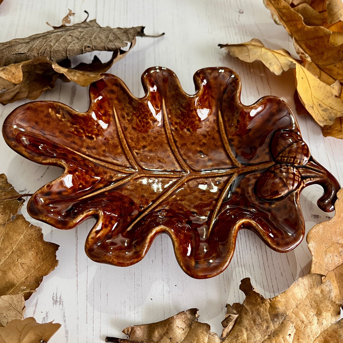 Ceramic leaf-shaped dish on a white surface with dried leaves