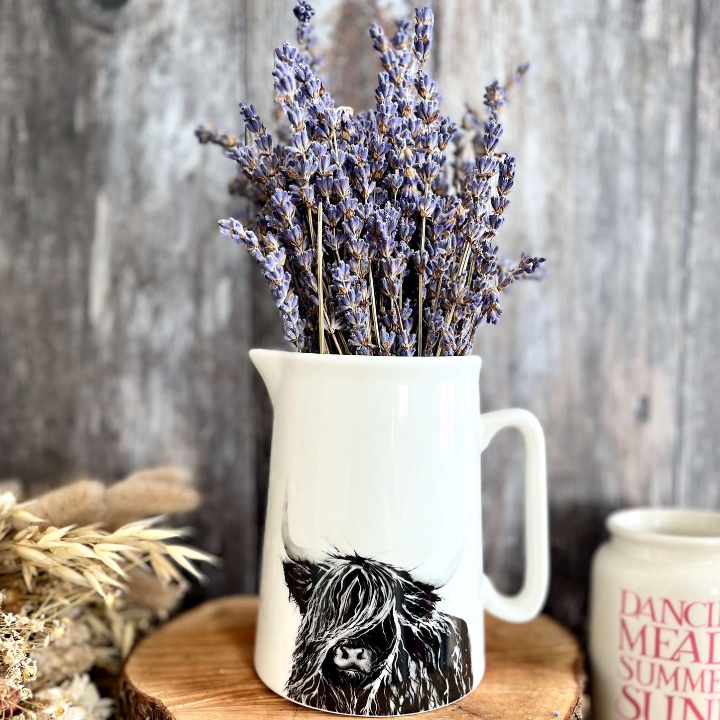 Black & White Highland Cow Jug Lavender Close Up
