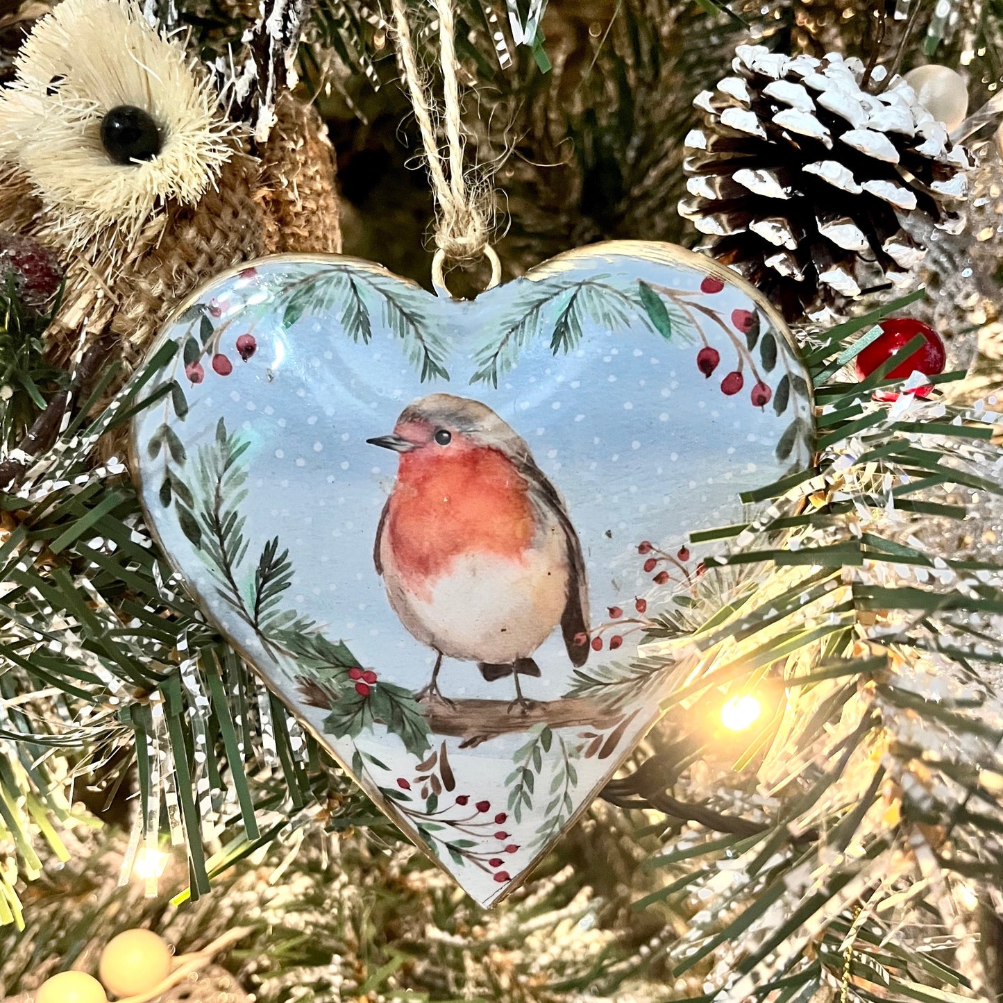 Metal Heart Bauble Robin on Branch