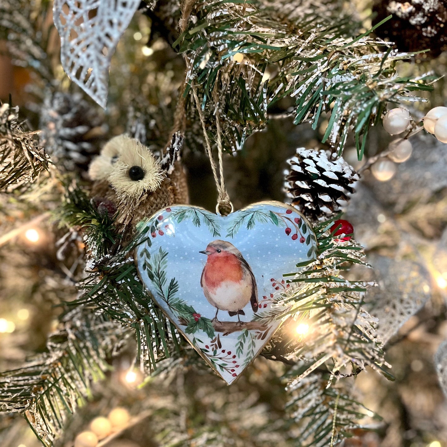 Metal Heart Bauble Robin on Branch Displayed on Christmas Tree