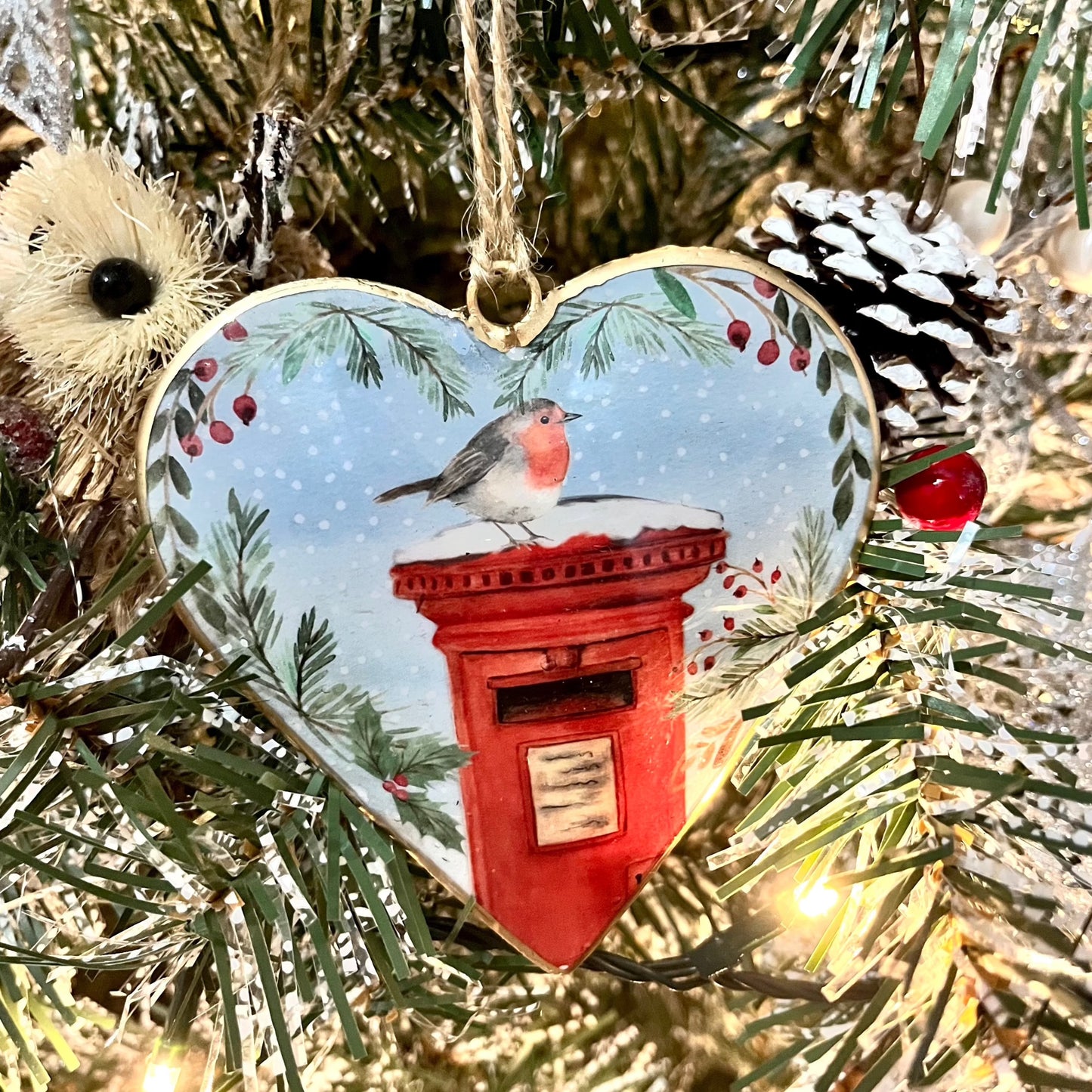 Metal Heart Bauble Robin on Postbox