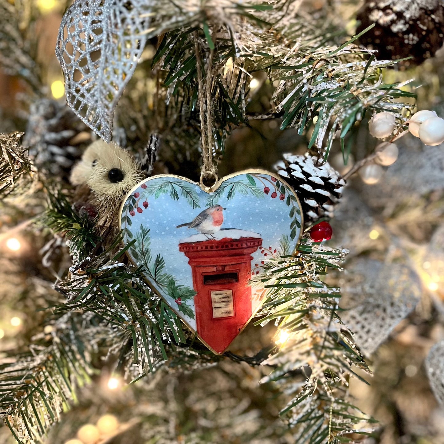 Metal Heart Bauble Robin on Postbox Displayed in Christmas Tree