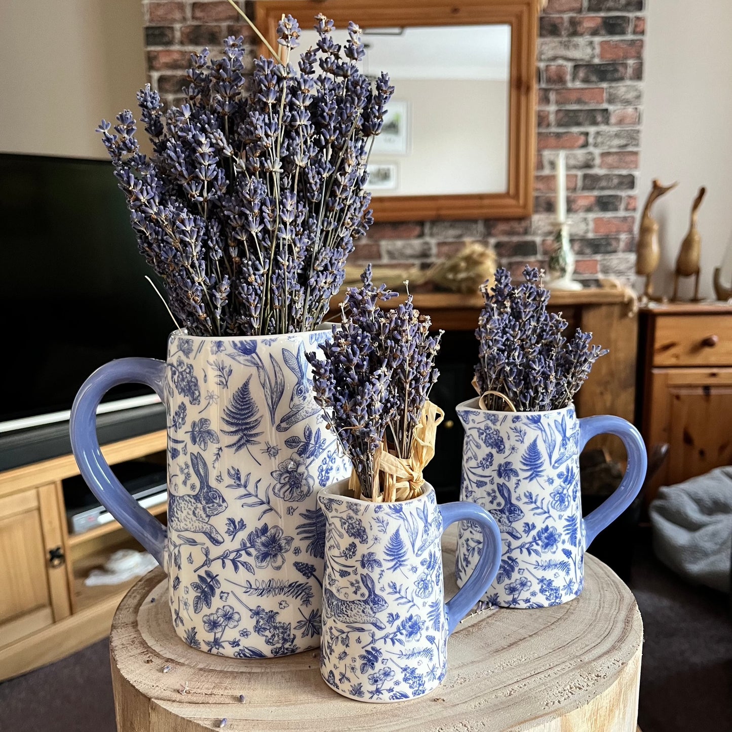 Set of 3 Blue Rabbit Floral Jugs Displayed With Lavender