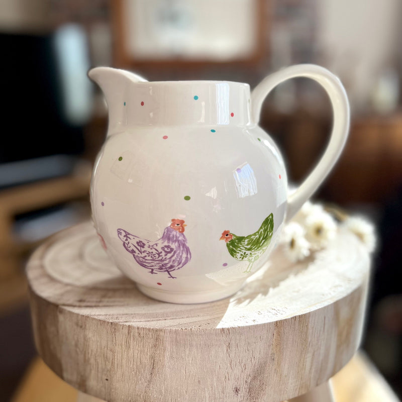 Left Side Of Chicken Jug Displayed on a Stool