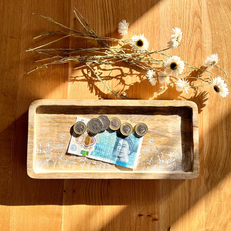 Demonstrating How The Large Wooden Tray can be Used as a knickknack tray