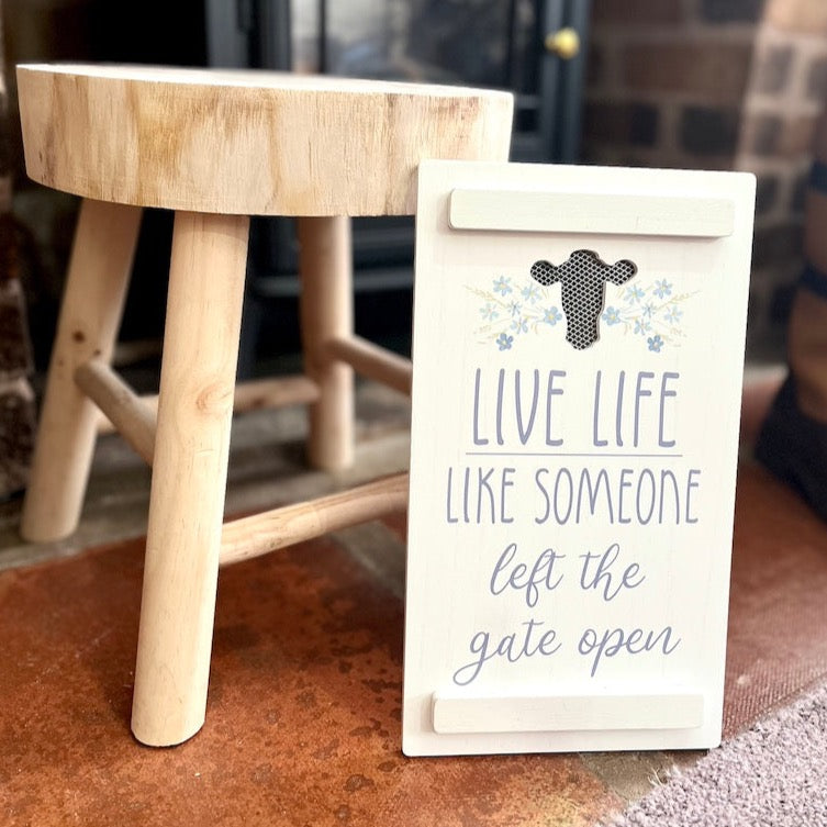 Wooden Cow Quote Plaque Displayed With Milking Stool