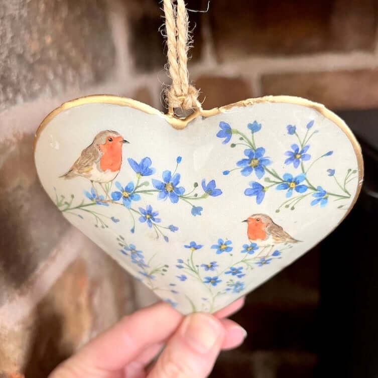 Showing Gold Details of Robin Hanging Heart
