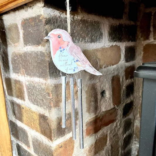 Robin Wind Chime Hung by Fireplace