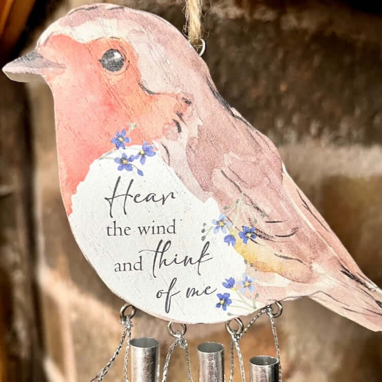 "Hear the Wind & Think of Me" Robin Wind Chime Close Up