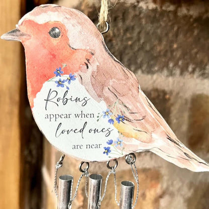 "Robins Appear when Loves Ones are Near" Robin Wind Chime Close Up