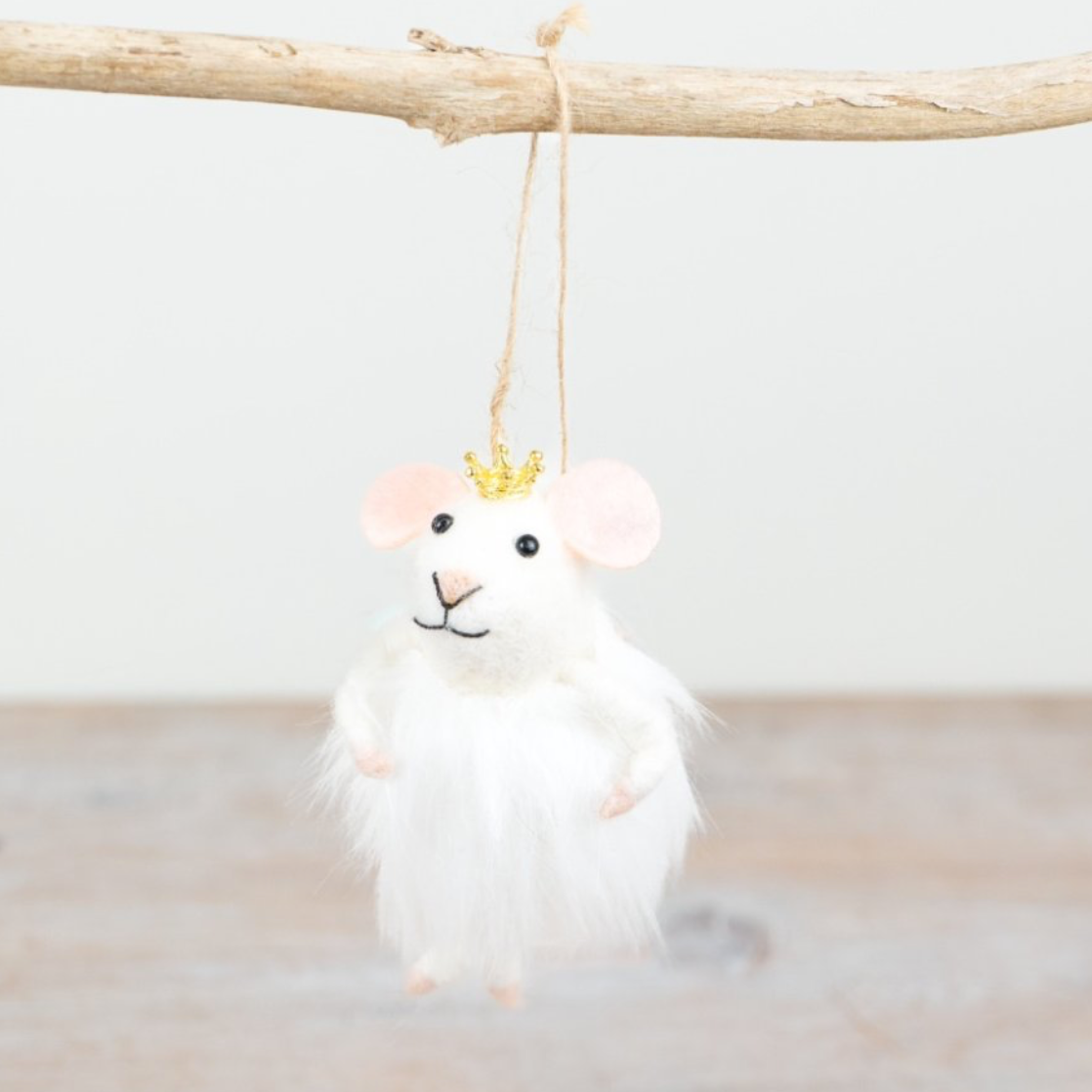 White Fluffy Festive Hanging Felt Mouse