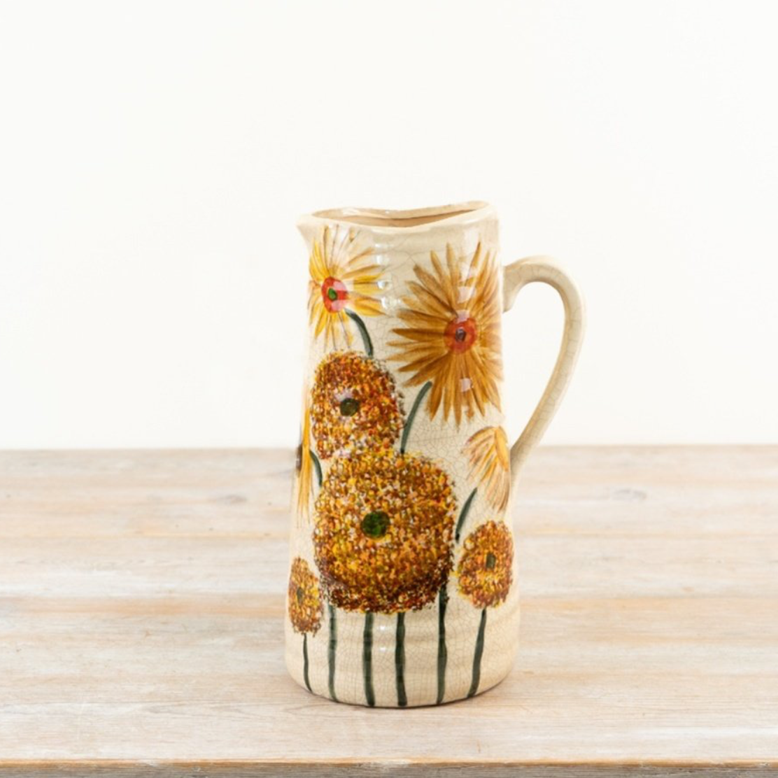 Tall Orange Flower Wavy Ceramic Jug