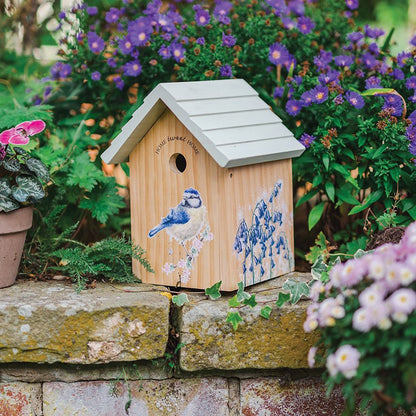 Wooden Blue Tit Birdhouse in Garden