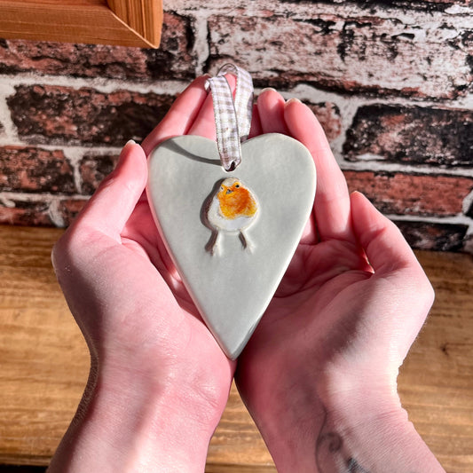 Robin Ceramic Hanging Heart Being Held in Hands