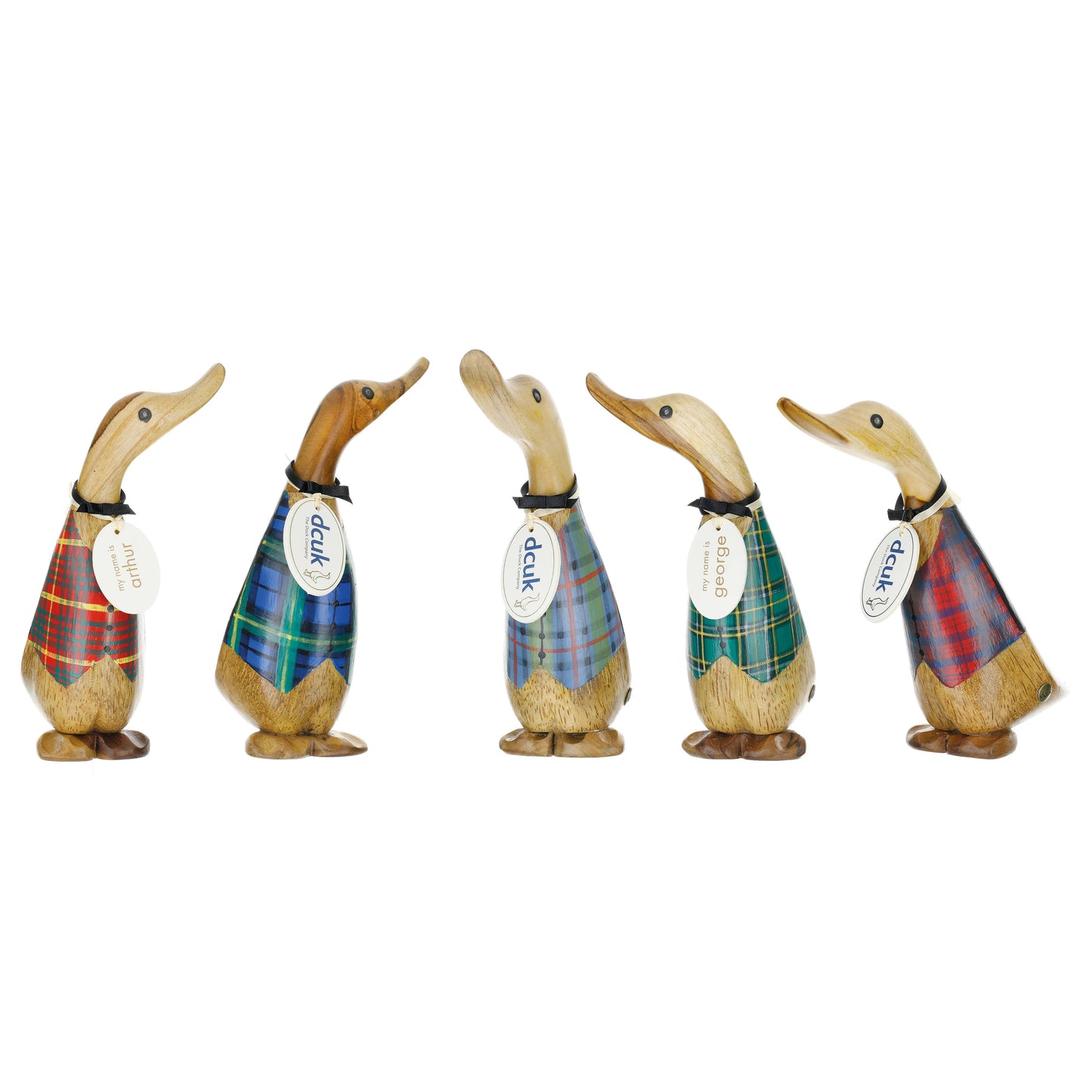 Five decorative ducks wearing plaid vests on a white background