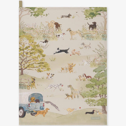 A tea towel featuring a fun vintage style illustration of various dog breeds playing outdoors in a park with trees and a blue 4x4.
