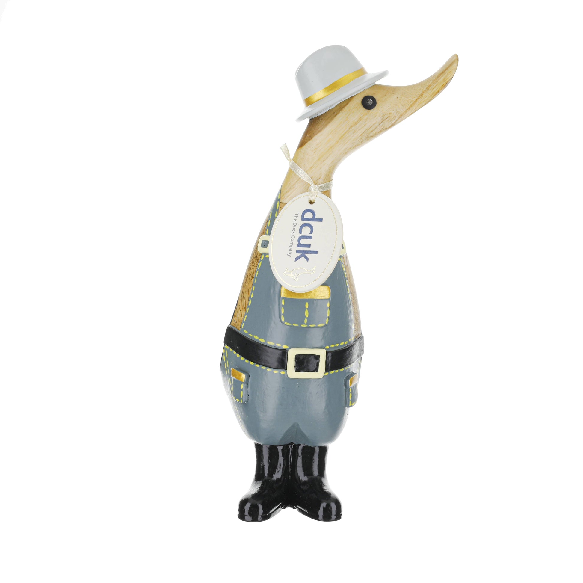 Decorative duck figurine wearing a hat and overalls with a visible brand tag on a white background.