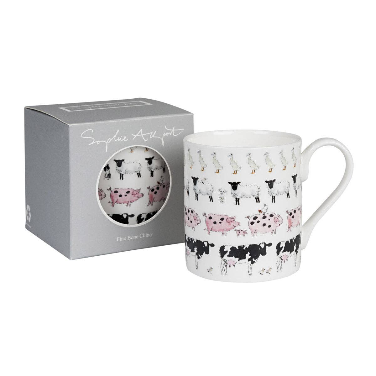A white ceramic mug with a colorful pattern of farm animals including sheep, pigs, cows, and chickens, shown next to its grey presentation box on a white background.
