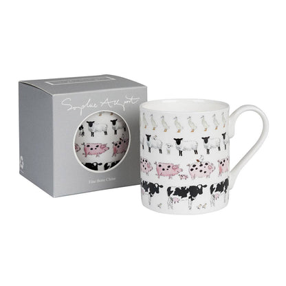 A white ceramic mug with a colorful pattern of farm animals including sheep, pigs, cows, and chickens, shown next to its grey presentation box on a white background.