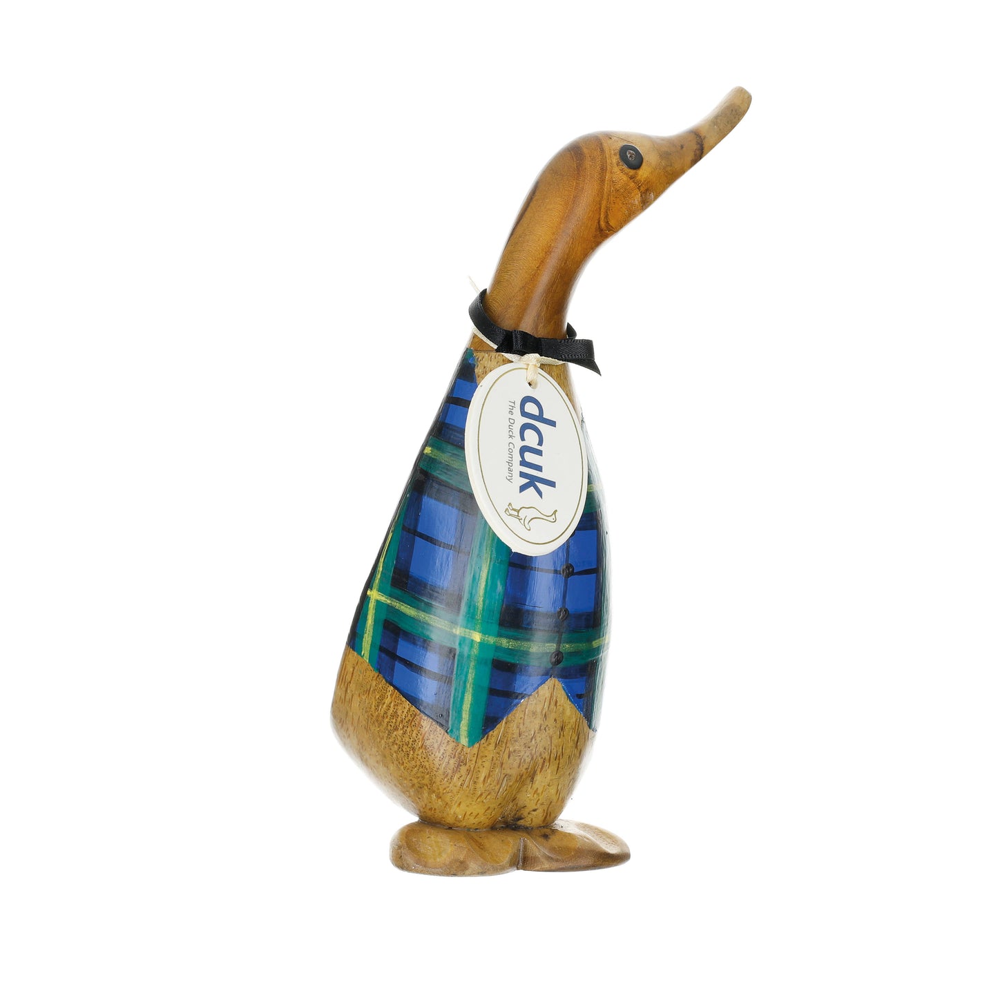 Wooden duck figurine with a plaid pattern and a tag on a white background