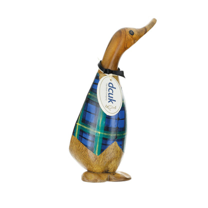 Wooden duck figurine with a plaid pattern and a tag on a white background