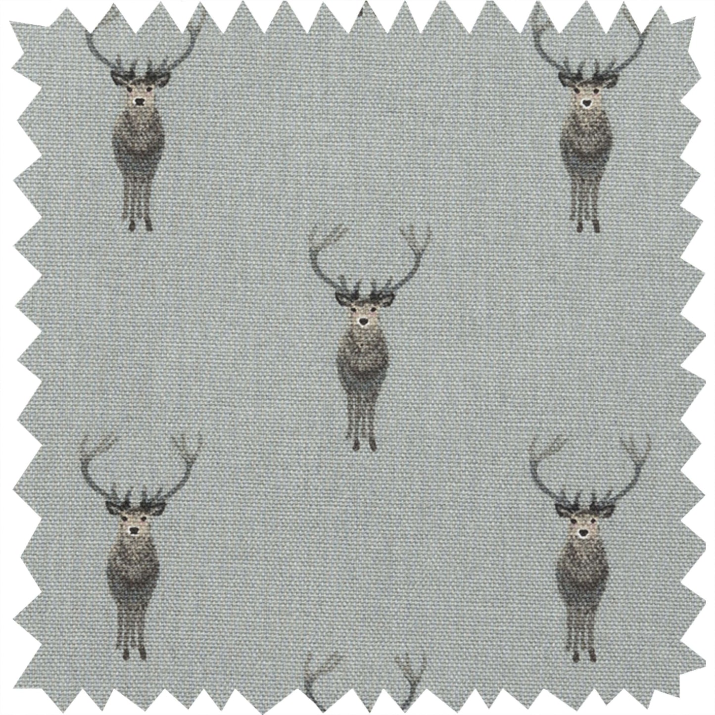 A square fabric swatch with zigzag-cut edges, featuring a repeating pattern of grey and brown deer on a light grey background.