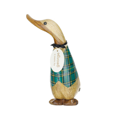 Wooden duck figurine with a plaid pattern and a tag that reads "George" on a white background