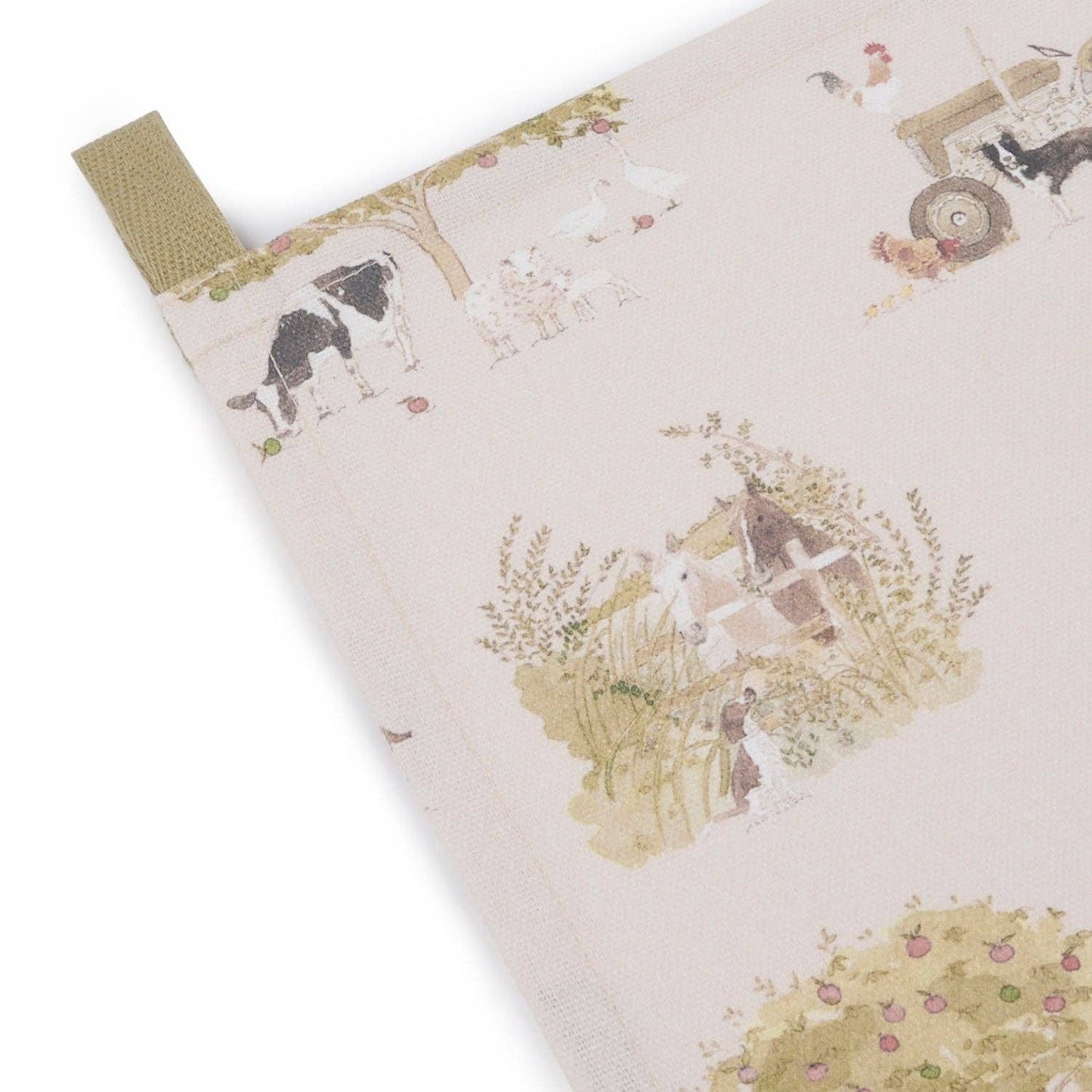 Tea towel with horse and farm animals design on a white background