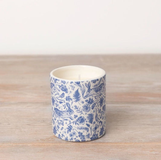 Vanilla Scented Candle in Ceramic Blue Hare Print Pot