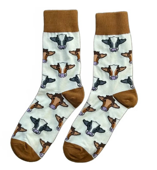 Brown Cow Face Pattern Crew Socks
