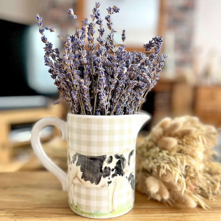 Ceramic Gingham Jug With Cows Displayed With Dried Lavender