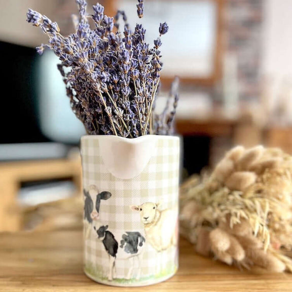 Gingham Pattern Jug Front With Sheep & Cows Displayed with Dried Lavender