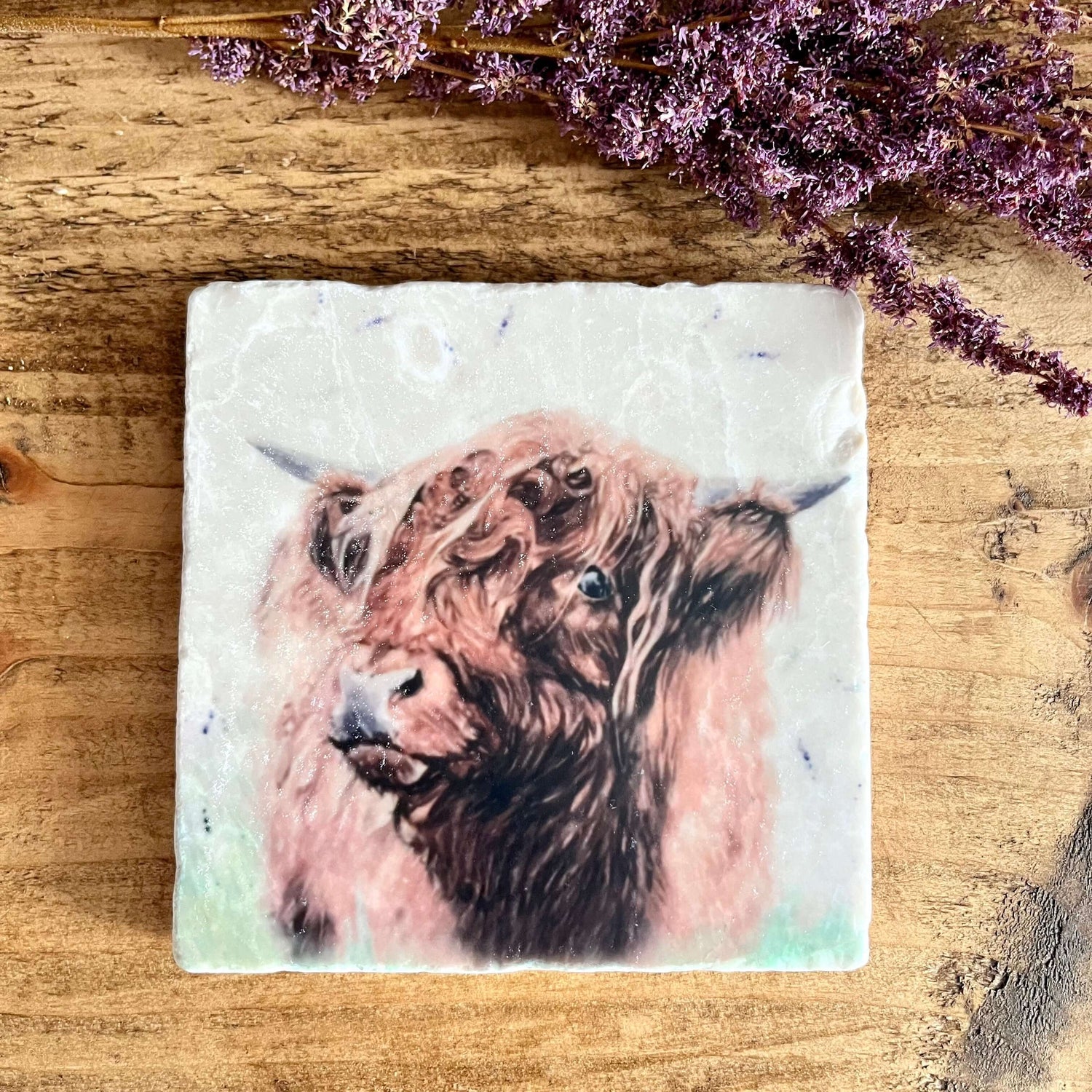 Image of a square marble coaster with watercolour painted highland cow.