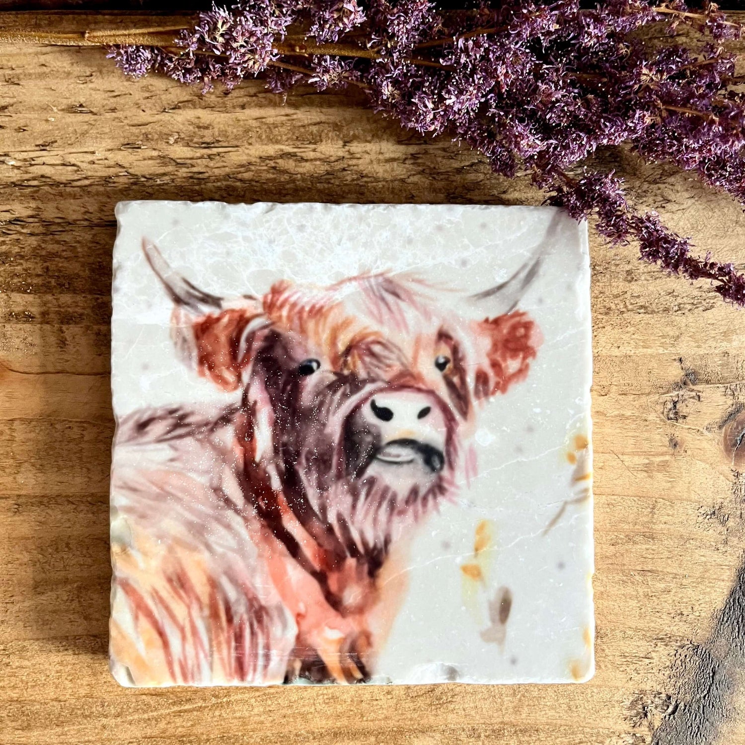 Image of a square marble coaster with cute watercolour painted highland cow face.