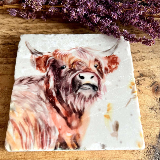 A square natural marble coaster with a watercolour painted highland cow face, displayed on a shelf with purple dried flowers as decoration.