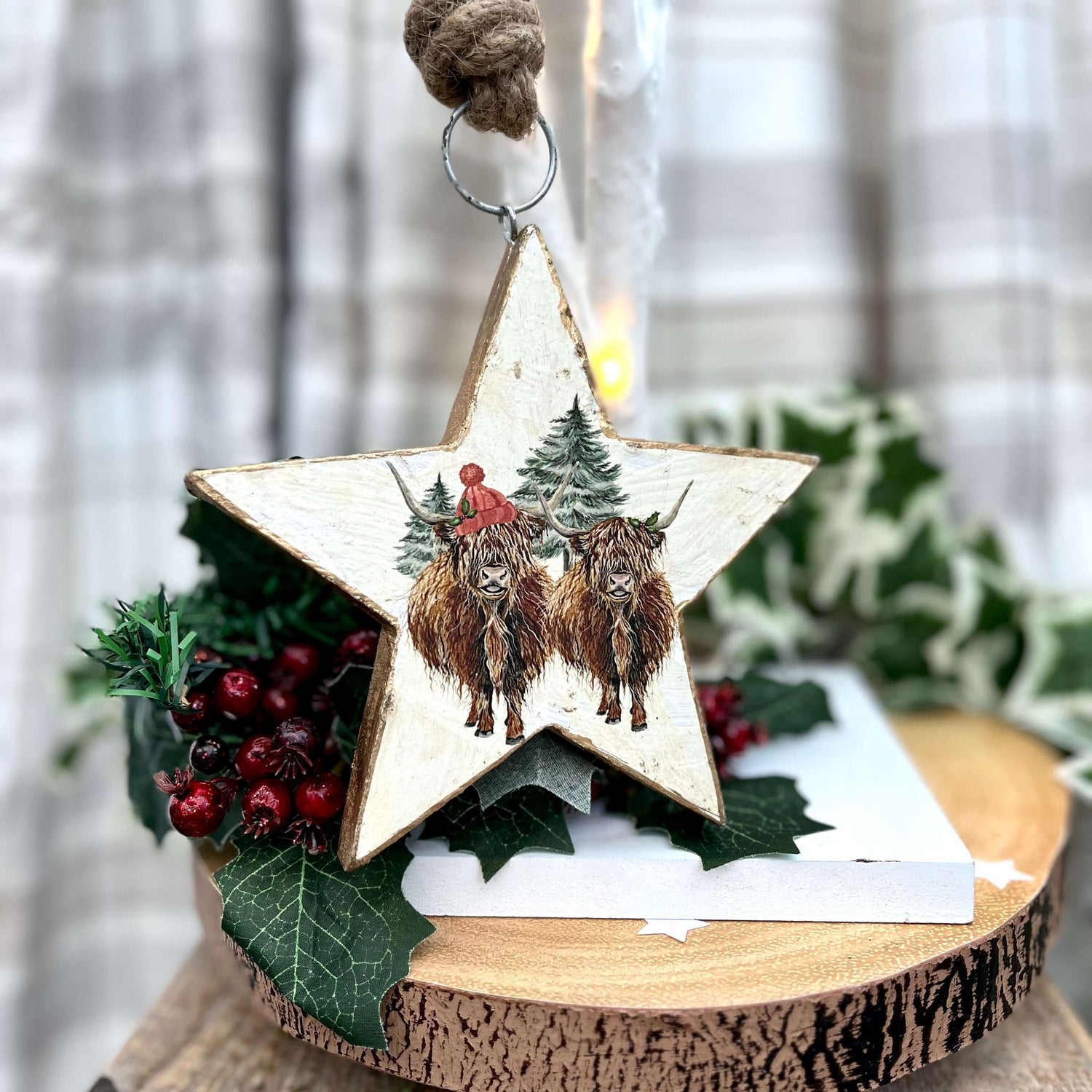 Chunky Wood Highland Cow Christmas Decoration