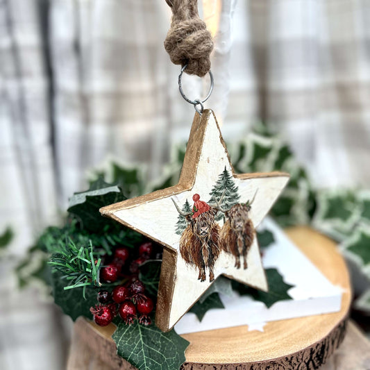 Chunky Wood Highland Cow Christmas Decoration