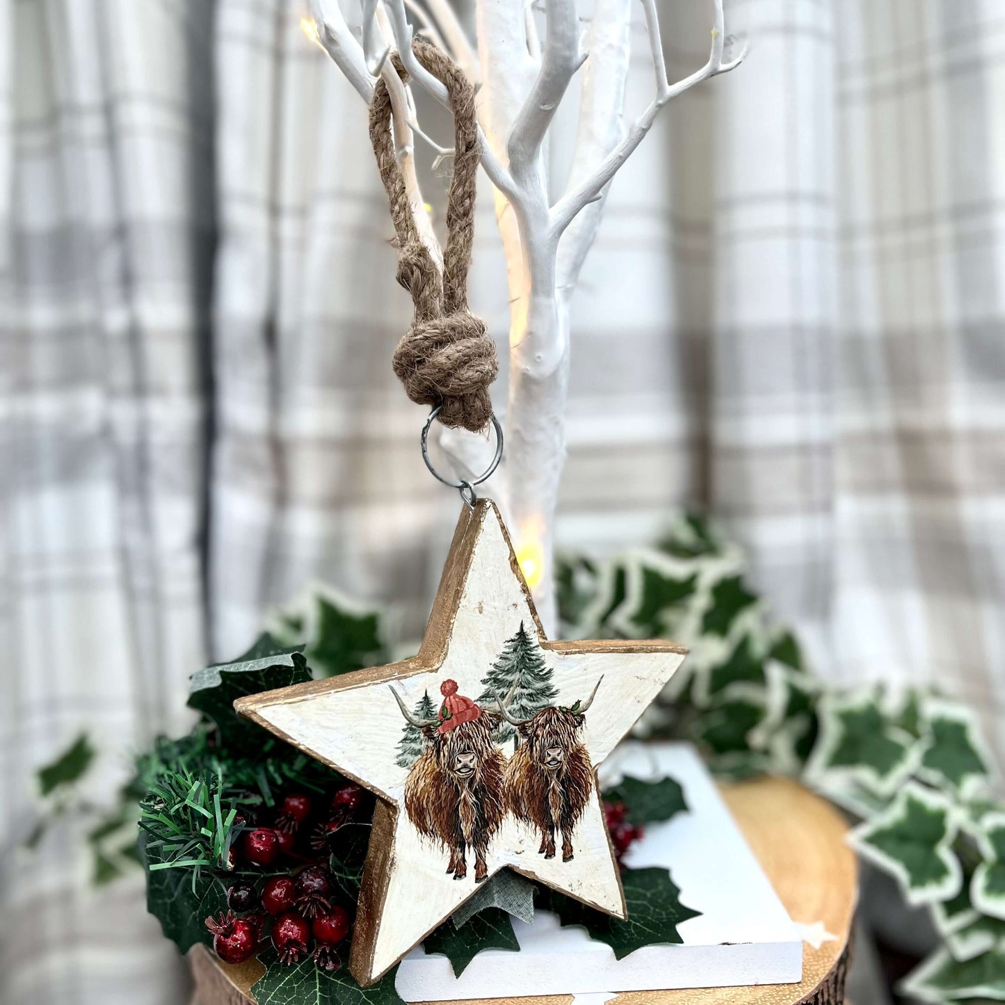 Chunky Wood Highland Cow Christmas Decoration