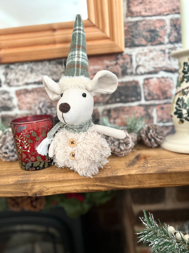 Fabric Mouse Shelf Sitter With Green Tartan Hat