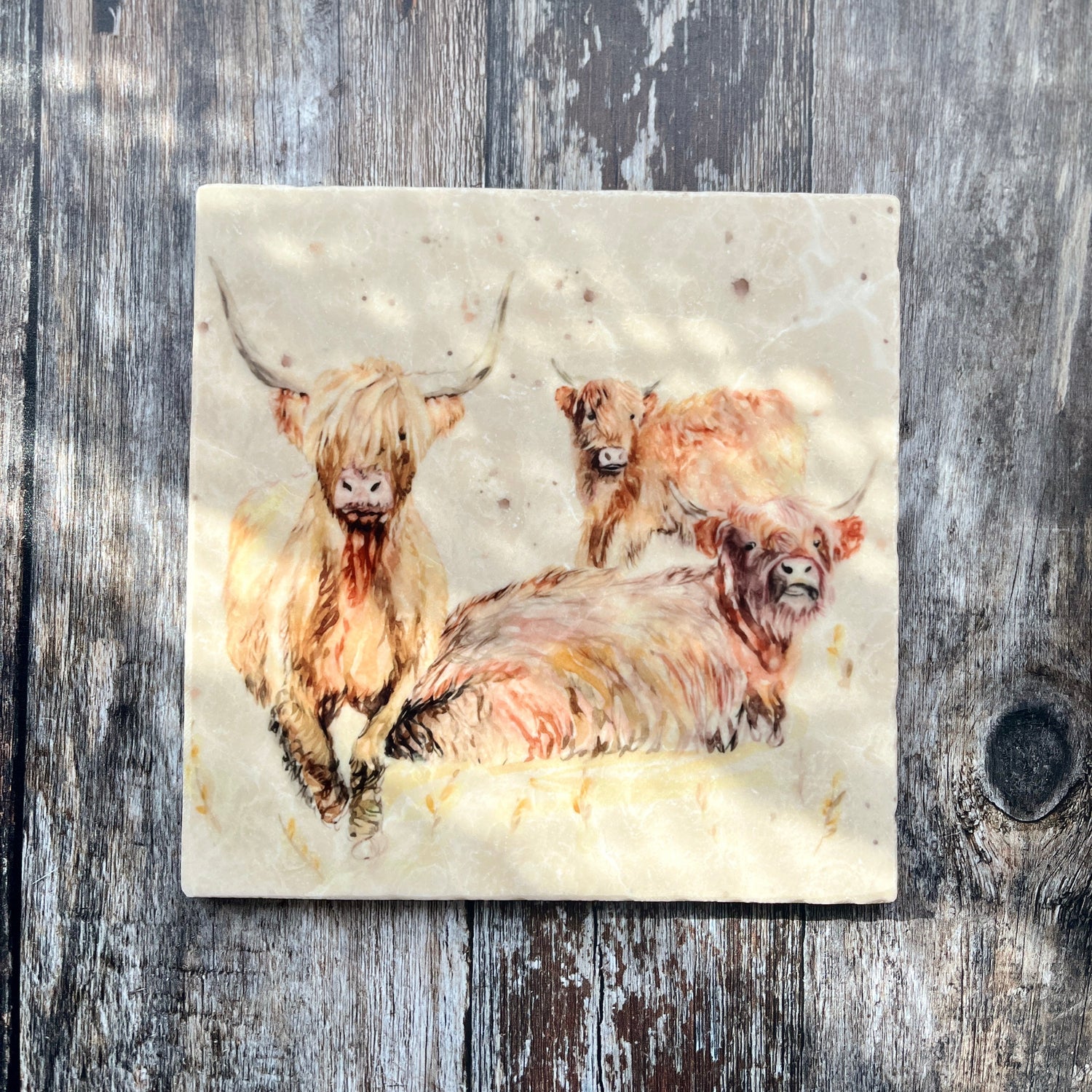 Highland Cow Family Marble Trivet – Square Heat-Resistant Pot Stand, Watercolour Farmhouse Kitchen Decor, Rustic Gift