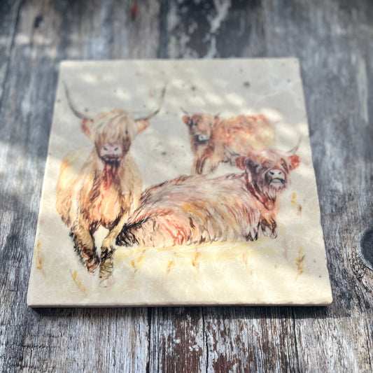 Highland Cow Family Marble Trivet – Square Heat-Resistant Pot Stand, Watercolour Farmhouse Kitchen Decor, Rustic Gift