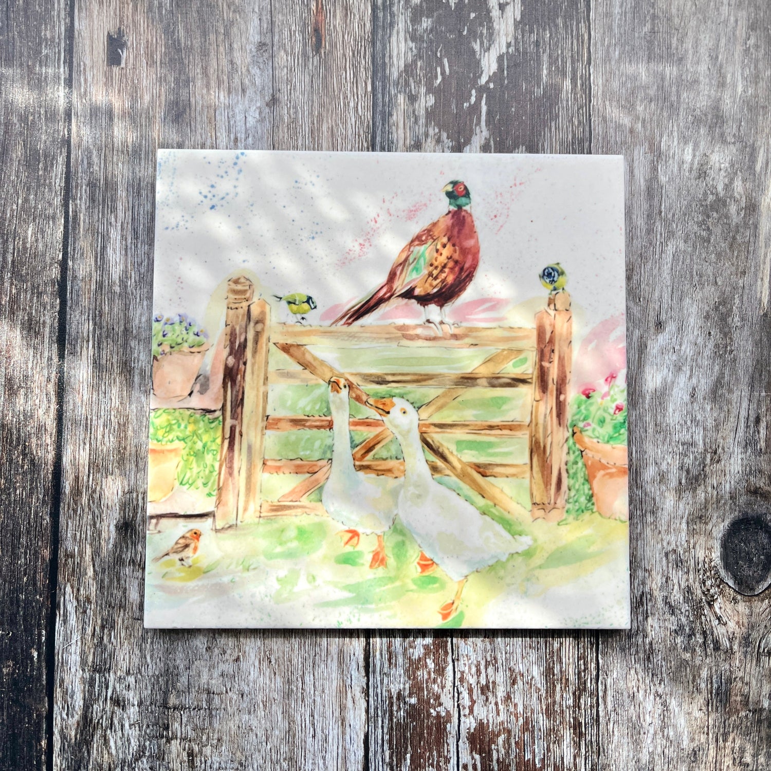 Pheasant & Geese Ceramic Trivet – Square Heat-Resistant Pot Stand, Watercolour Countryside Kitchen Decor, Rustic Bird Lover Gift