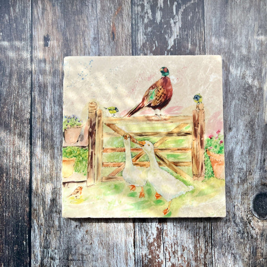 Square Marble Trivet – Watercolour Pheasant & Geese Bird Design | Elegant Kitchen Decor