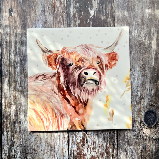 Square Ceramic Trivet – Adorable Highland Cow Face Design | Heat-Resistant Kitchen Decor