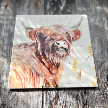 Square Ceramic Trivet – Adorable Highland Cow Face Design | Heat-Resistant Kitchen Decor